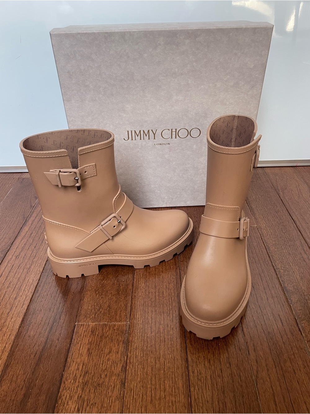 Jimmy Choo Tan Biker Rain Boots